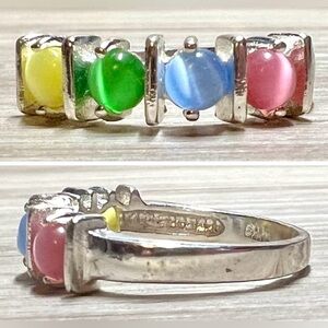 Designer Signed CW Sterling Silver Pastel Multi-Colored Cats Eye Ring, Size 7